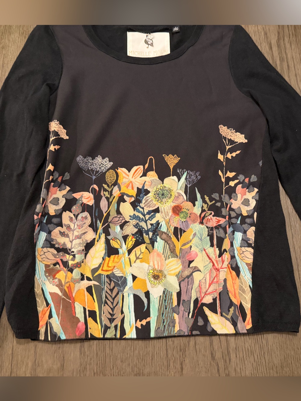 Michelle Morin Anthropologie Flamingo Garden Pullover Blouse Black Floral S